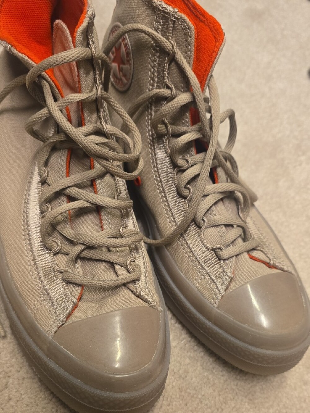 Unisex Neutral Tan/Taupe High-Top Converse Sneakers with Orange Lining - Picture 2 of 12